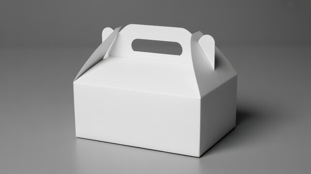 White cardboard gable box mockup with handle for food delivery on gray background