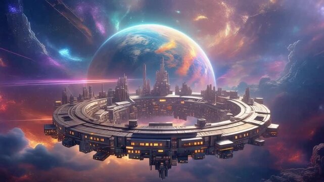 Digital illustration of a large circular metropolis suspended in outer cosmos with intricate architecture illumination and dramatic atmospheric background