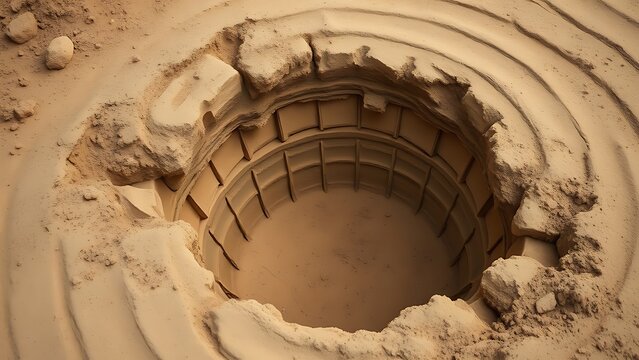 latrine. An unearthed ancient ceramic latrine at an archaeological dig site. event programs, museum guides, designed for cultural heritage projects and event programs.