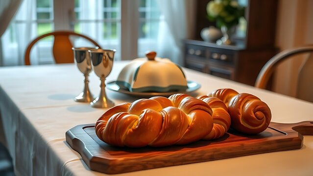 kiddush. A Shabbat table set with a white linen cloth, silver cup, and braided challah bread, warm ambient light. event programs.