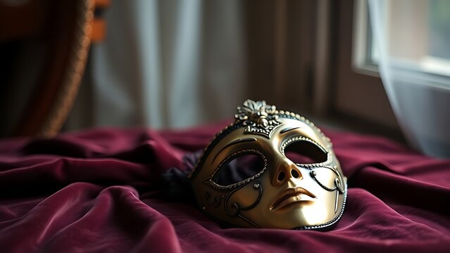 amrit. Ornate Venetian mask resting on dark velvet fabric, soft light highlighting its decorative details. event programs, museum guides, designed for cultural heritage projects and event programs.