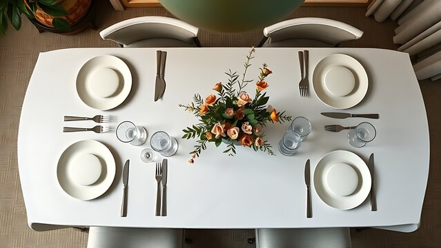 kamut. A beautifully set dining table with plates and cutlery from an overhead view. menu design, packaging mockups, designed for culinary blogs and recipe cards for restaurants.