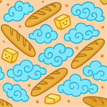 whimsical illustration of bread cheese and clouds on peach background