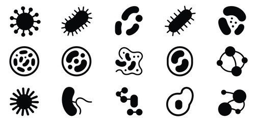 Bacteria and virus icon set on white background, collection of microbe and germ shapes for health, infection, and science concepts, ideal for medical illustration © MUNNA
