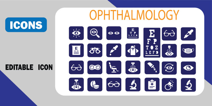 Set of ophthalmology and eye care medical icons featuring vision test charts glasses and surgical tools for optometrist clinic isolated on white background