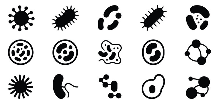 Bacteria and virus icon set on white background, collection of microbe and germ shapes for health, infection, and science concepts, ideal for medical illustration