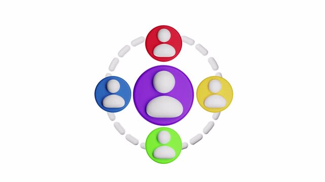 3d looping ui icon network of stylized user icons in a colorful design, connected by a dashed circle. Suitable for web design and technology concepts.