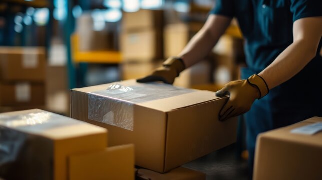 A person packing orders in a small room, transitioning to a warehouse operation. generative ai