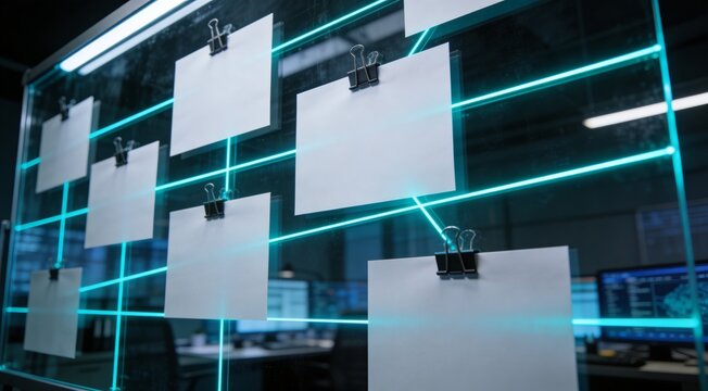 Enterprise threat intelligence and digital forensics scene featuring a transparent glass board with blank linked cards, cyan connection paths and dark cinematic security operations mood