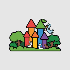 Fototapeta premium Colorful fantasy castle illustration featuring playful white rabbits and a magical fairy in a whimsical forest setting with vibrant geometric shapes and flat vector art style
