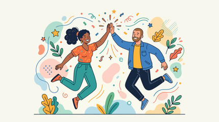 Fototapeta premium Two people jumping and celebrating with confetti and leaves around them in a festive scene