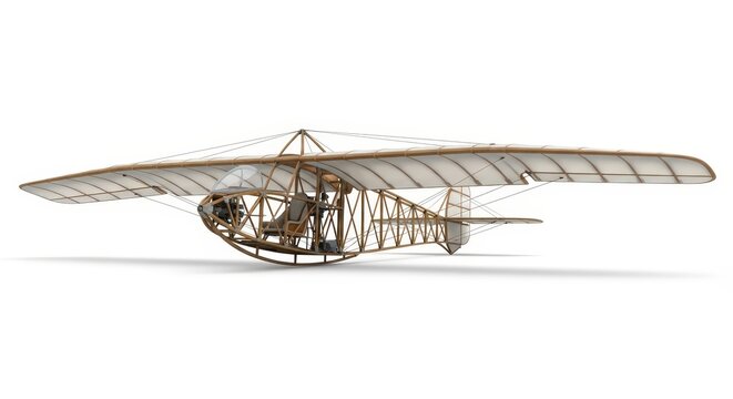 Vintage Glider or Early Aviation Aircraft Isolated on White Background, Historic Pioneering Flight Machine