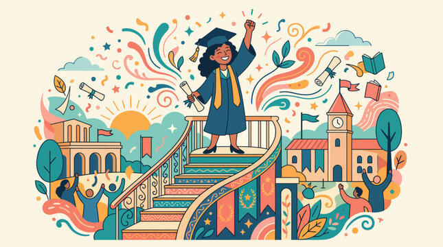 Young woman in graduation attire celebrates on staircase with joyful surroundings