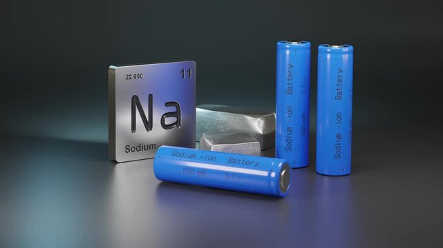 Sodium - ion batteries , metallic sodium and element symbol. 3d animation.