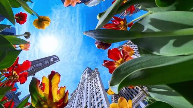 Low angle wide view of colorful tulips blooming in an urban environment with skyscrapers and blue sky. Vibrant spring flowers in a modern city, creating a dynamic contrast between nature and