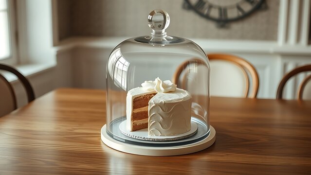 otherwise. Ornate cake under glass dome on empty wooden table, soft overhead light. symbolizing life milestones and joyful moments.