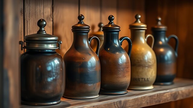 flagons. Rustic ceramic and pewter flagons with lids on wooden shelf in warm light. bar promotions, beverage menus, designed for product packaging and bar promotions, used by marketing managers.