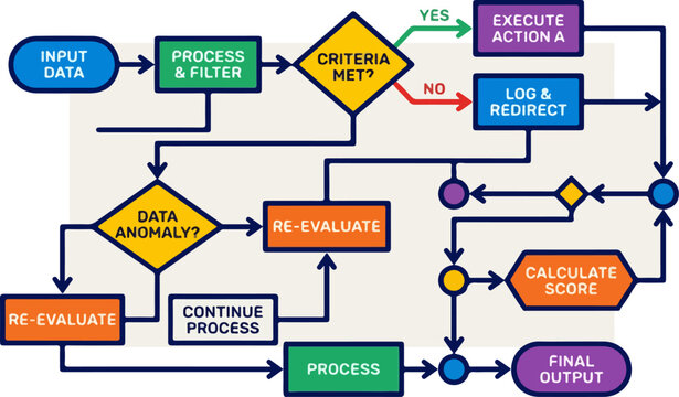 Complex Business Logic Flowchart Diagram Illustrating Data Processing and Decision Making.