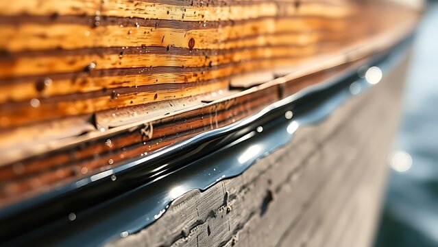 caulk. Close-up of dark caulk filling a seam on a wooden boat hull, glistening. safety posters, maintenance manuals, designed for industrial assembly lines and welding operations.