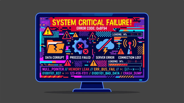 Computer monitor displaying a critical system failure error message with glitch art style.