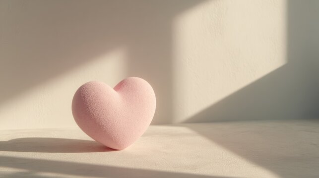 Soft pink heart rests on a simple surface bathed in dramatic angled sunlight and shadow