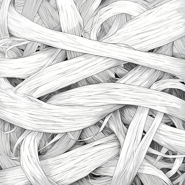 Detailed monochrome illustration of interwoven ribbon-like textured strands.