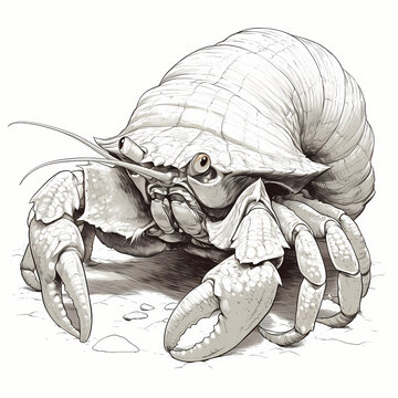 Detailed monochrome illustration of a hermit crab on sand.