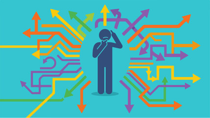 Fototapeta premium Confused person standing in the middle of many colorful direction arrows.