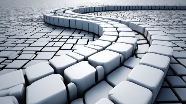 Abstract curving pathway constructed from three dimensional geometric blocks extends toward the horizon