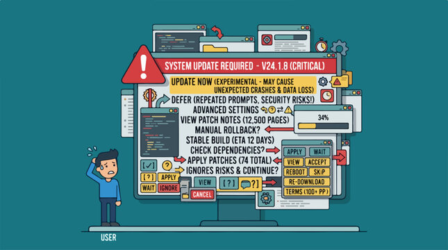 Confused user facing complex system update and technical error popups.