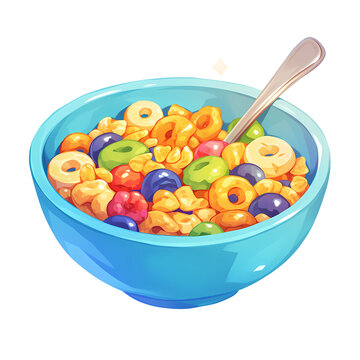 Vibrant bowl of colorful fruity cereal with a spoon.