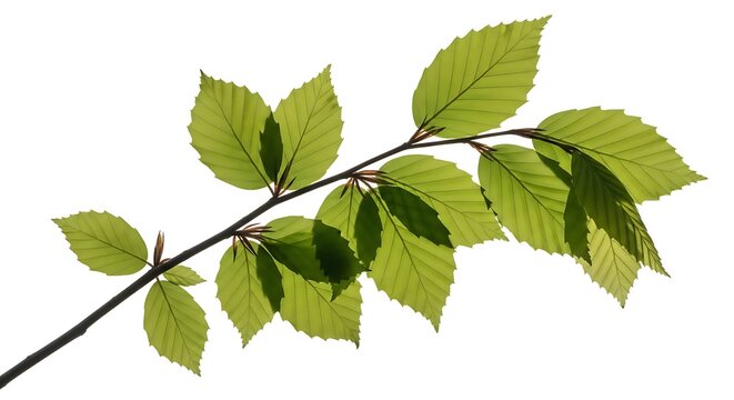 Branch with vibrant green leaves isolated on white background