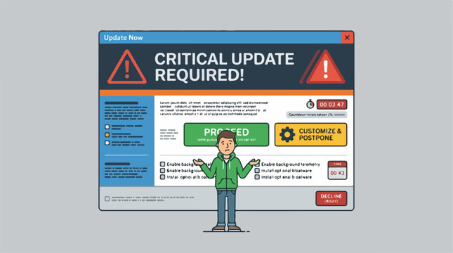 Confused user standing in front of a critical software update warning popup window.
