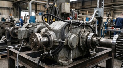 Obraz premium Medium shot of a sensorized gearbox featuring wired vibration and temperature sensors integrated into the housing for realtime predictive maintenance and performance analysis.