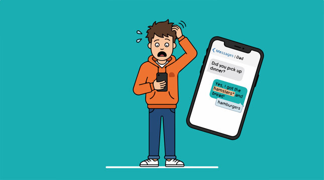 Confused young man reading suspicious text message on smartphone.