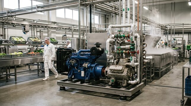 Medium shot of enginedriven chiller unit operating in a food processing plant emphasizing efficient cooling for perishable product preservation.