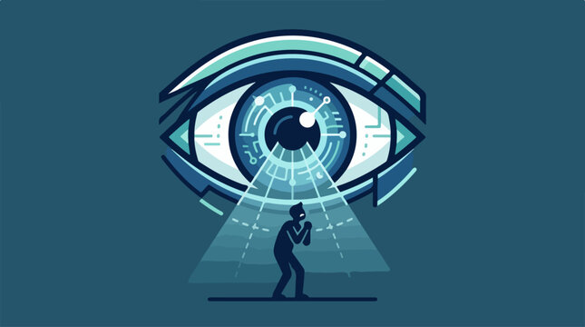 Digital Surveillance Concept Featuring A Large Robotic Eye Watching A Silhouette Person.