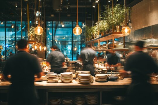 Professional executive chefs and staff working in a busy open kitchen with warm lighting and motion blur, concept for culinary management, hospitality service and restaurant branding