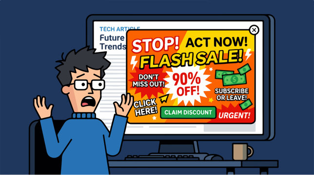Frustrated man overwhelmed by aggressive internet pop up ads on computer screen.