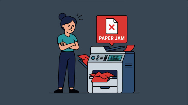 Frustrated office worker standing next to a broken printer with a paper jam error.