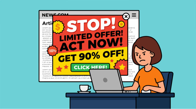 Frustrated woman sitting at desk annoyed by intrusive pop-up advertisement on laptop screen.