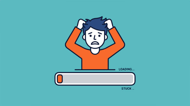 Frustrated young man feeling stuck with a loading progress bar concept.