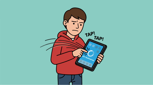 Frustrated young man tapping on unresponsive digital tablet screen.