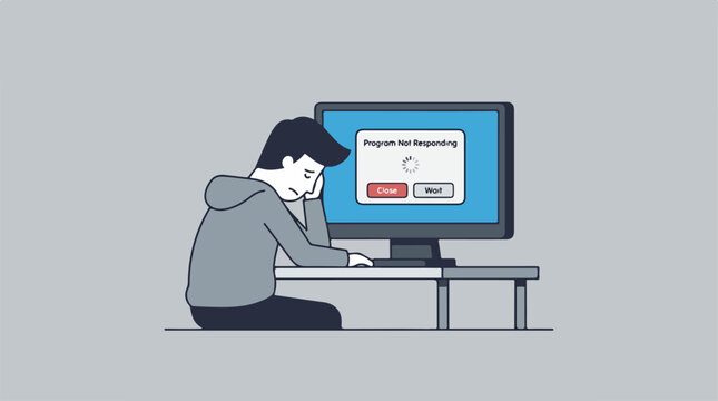 Frustrated young man waiting for computer program loading screen.