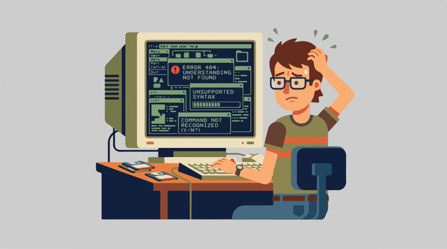 Frustrated young programmer working on computer screen with code errors.