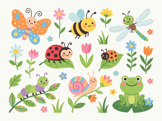 Naklejka premium Cute Cartoon Insects and Animals Vector Collection for Kids Nature Illustration