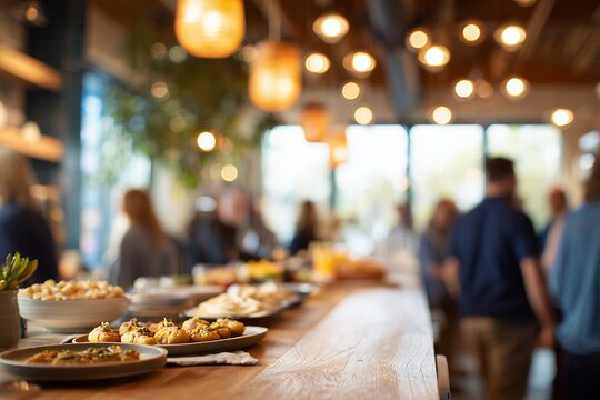 Gourmet appetizers on a wooden bar counter with blurred executives socializing in a luxury restaurant background, concept for corporate networking event, business social gathering and catering