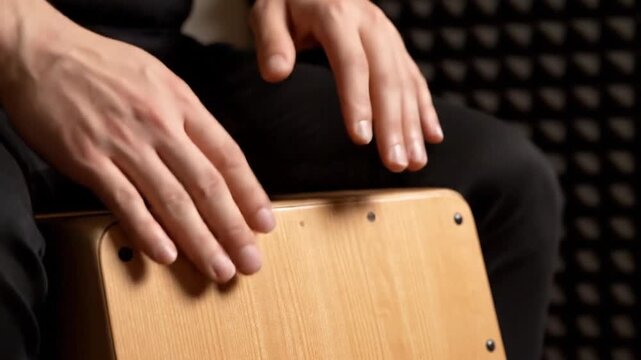 Close-Up Capture Of Hands Drumming On A Cajon With A Soundproof Background For Music Production And Performance