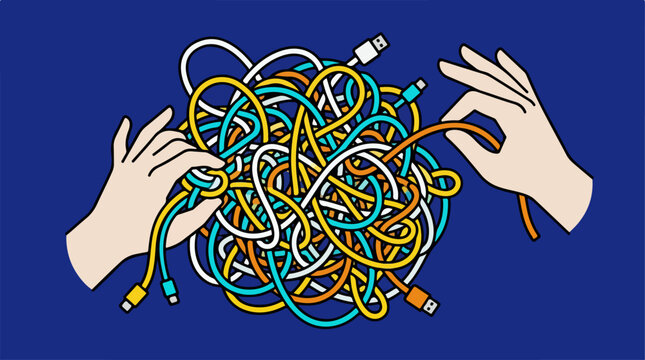 Hands untangling a chaotic mess of colorful charging cables.