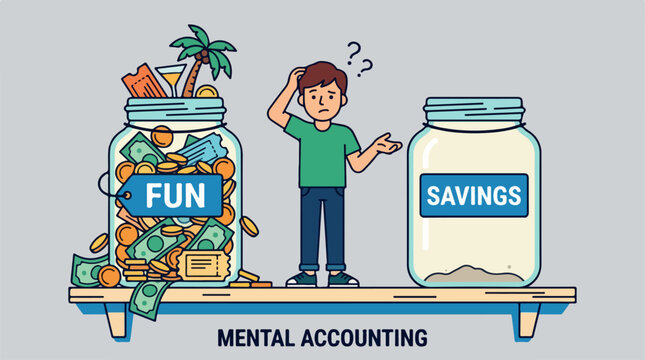 Illustration depicting mental accounting with fun and savings jars.